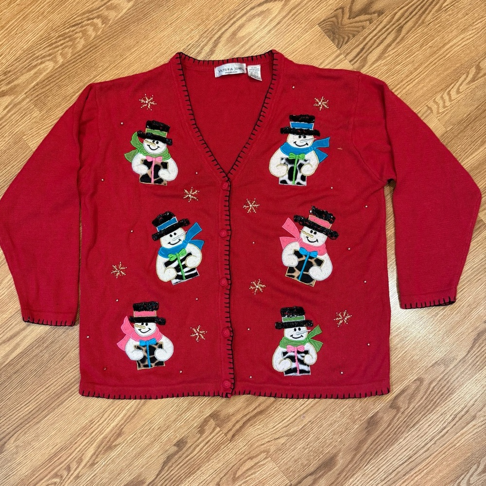 Victoria Jones Woman red Beaded Sequin Holiday Snowman Cardigan‎ Sweater size 1x